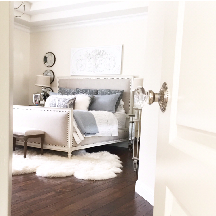 easy bedroom restoration hardware bed white walls fur rug crystal door knob