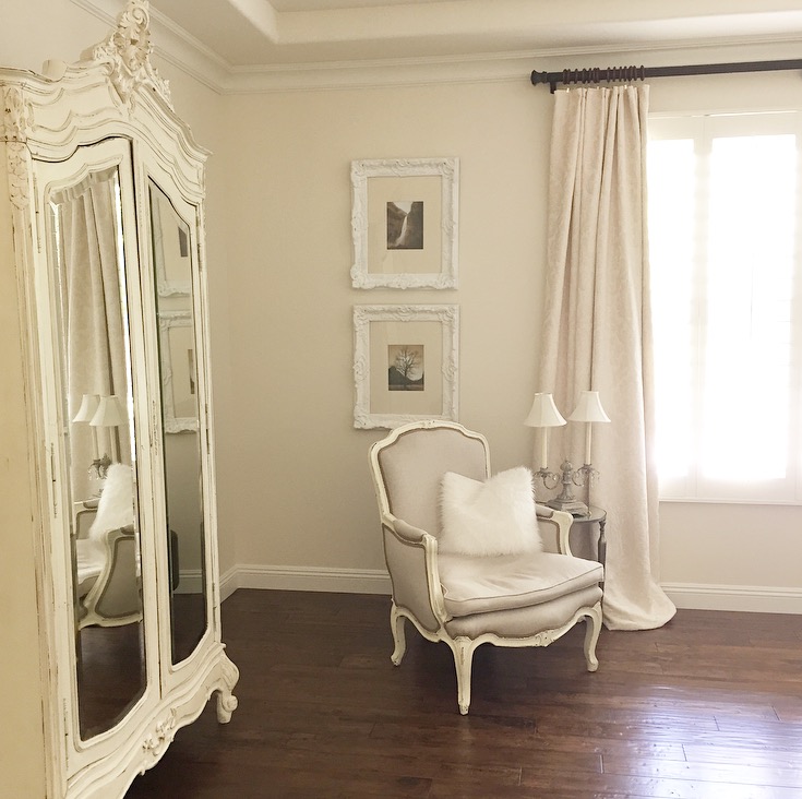 easy white master bedroom make over french furniture, white walls, dark wood floors