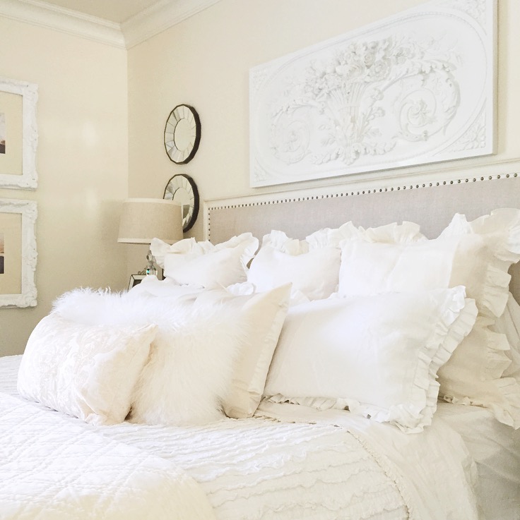 easy white master bedroom restoration hardware bed ballard design mirrors, plaque, ruffled pillows white walls