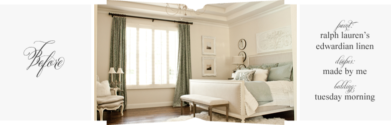 master bedroom with restoration hardeware bed, ballard design plaque, fur rug, french furniture before