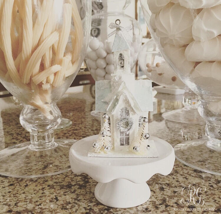 Vintage mini church on a mini cake stand white candy in jars