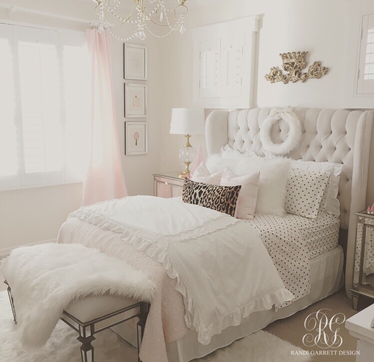 Pink and gold little girls room decorated for Christmas with leopard and white fur