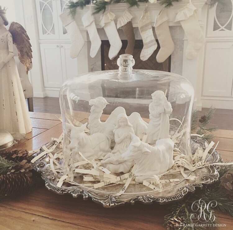 White Nativity on vintage silver tray with cloche