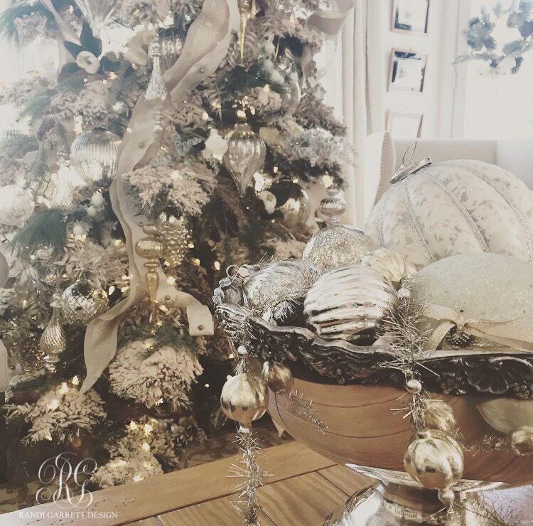 Mercury glass ornaments in vintage silver punch bowl, flocked Christmas tree