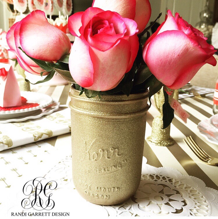Gold glitter mason jar for Randi Garrett Design Kids Valentine's Day Table featuring Loralee Lewis