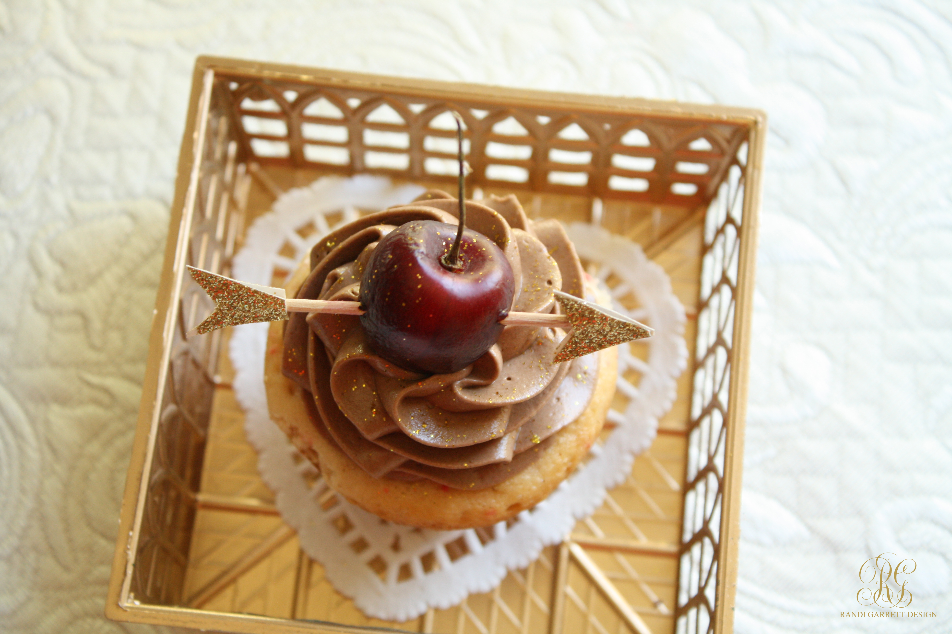 Chocolate cherry cupcake in diy gold basket