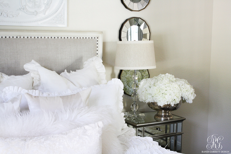 White hydrangeas in master bedroom for spring by Randi Garrett Design