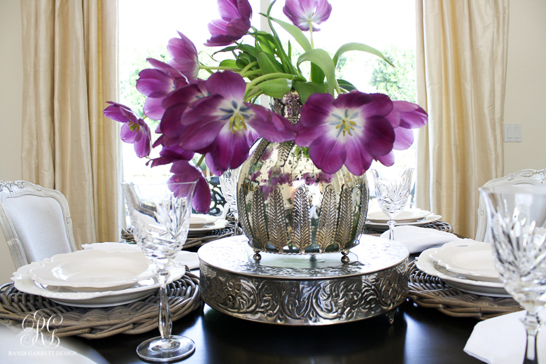 Spring tablescape with purple tulips by Randi Garrett Design