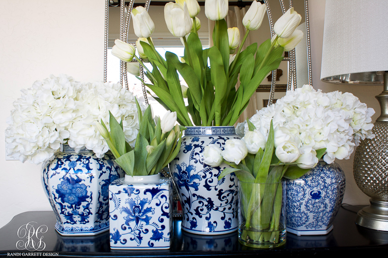 Spring Entryway with blue and white ginger jars - By Randi Garrett Design