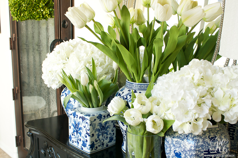 Spring Entryway with blue and white ginger jars- Randi Garrett Design