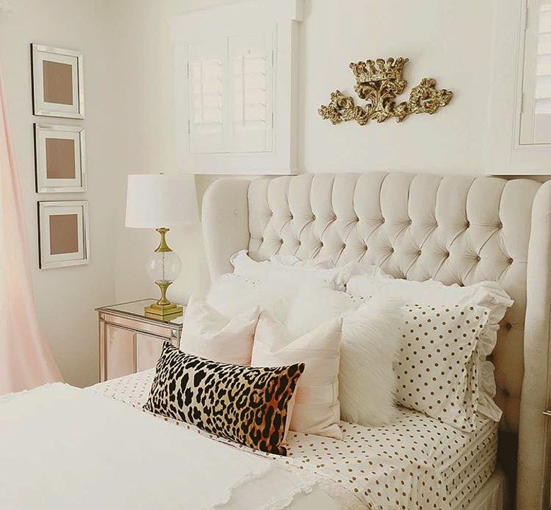 Pink and gold tween bedroom by Randi Garrett Design tufted headboard