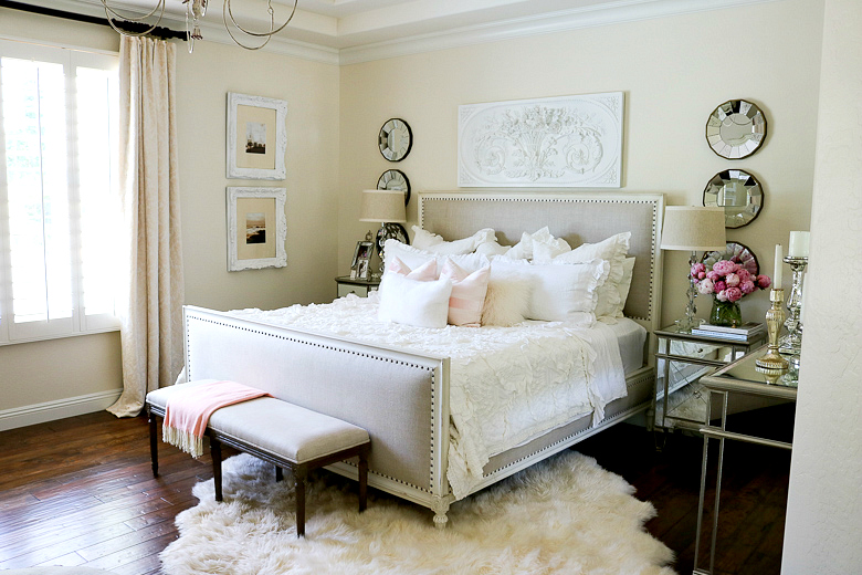 Glam master bedroom with pops of pink