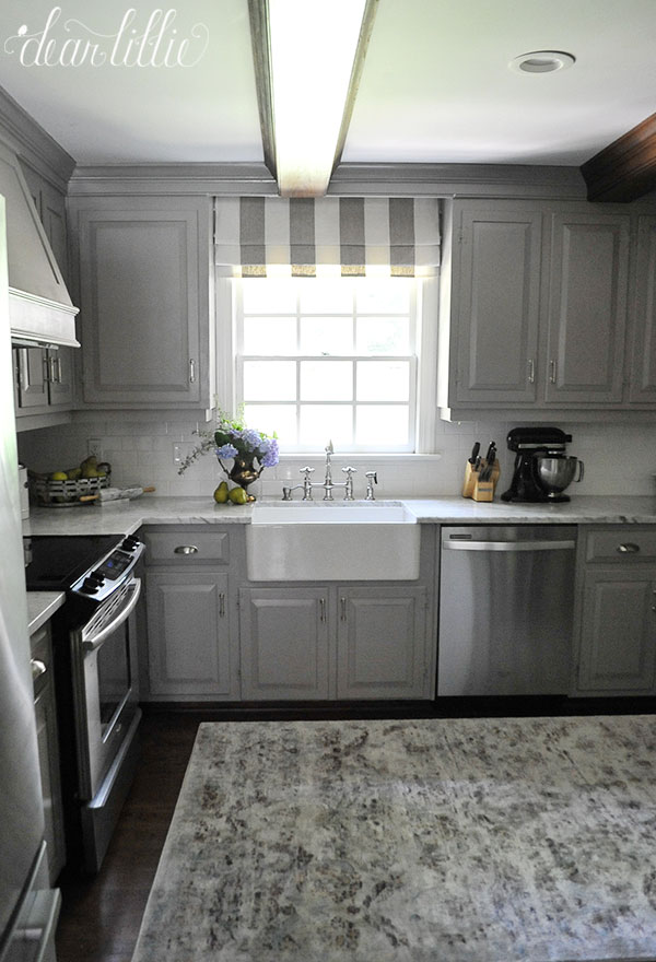 Dear Lillie gray kitchen with marble countertops