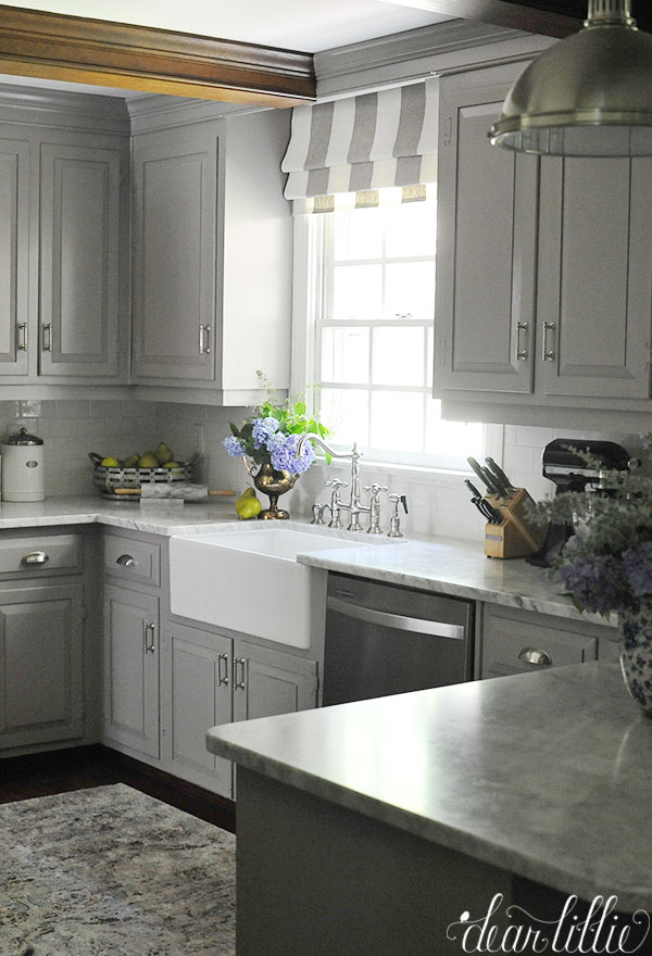Kitchen with gray cabinets by Dear Lillie