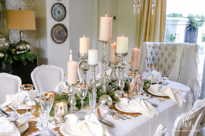 Elegant White and Gold Christmas Dining Room and Table Scape