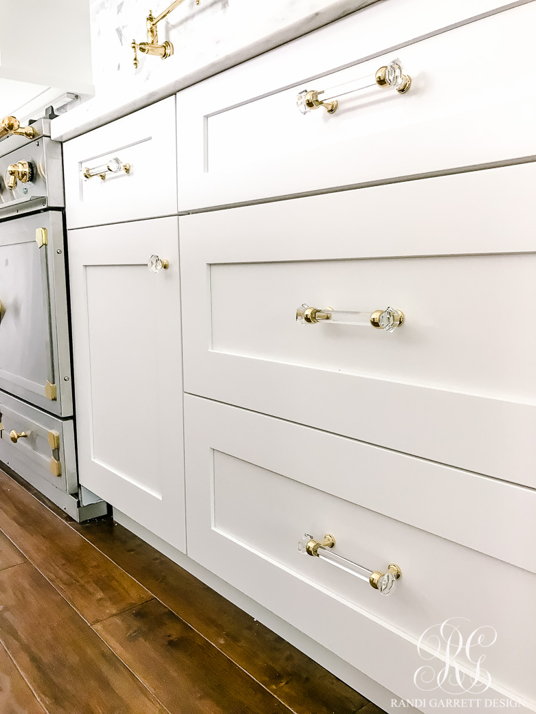 Elegant White Kitchen Remodel Before During And After Randi   Crystal Gold Knobs White Cabinets 