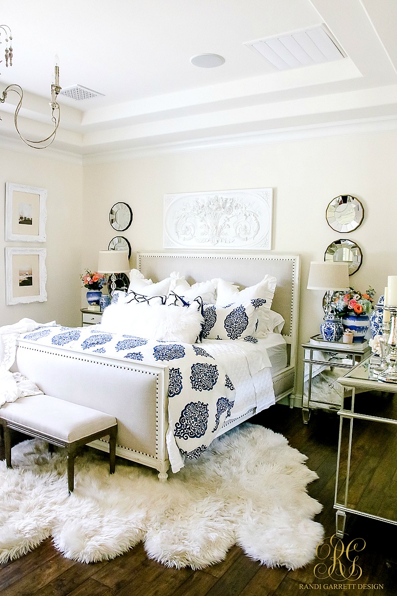 glam blue and white bedroom