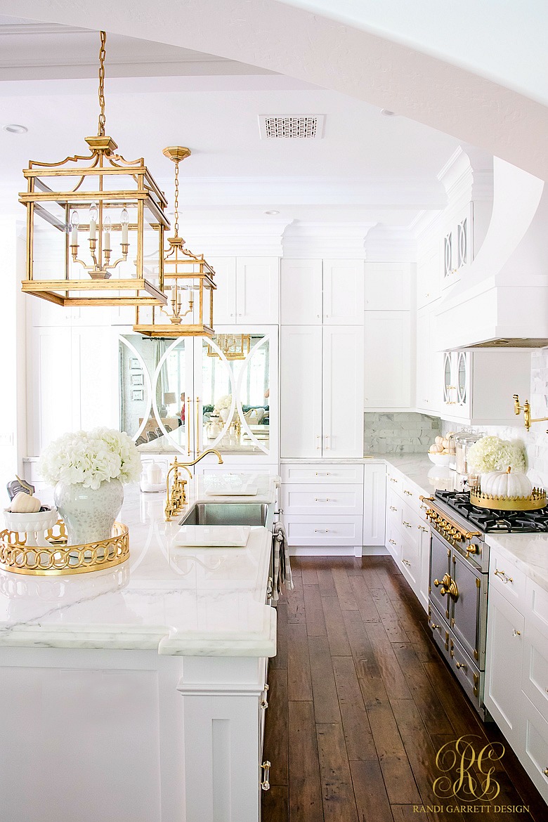 white and gold kitchen styled for fall - fall decor ideas