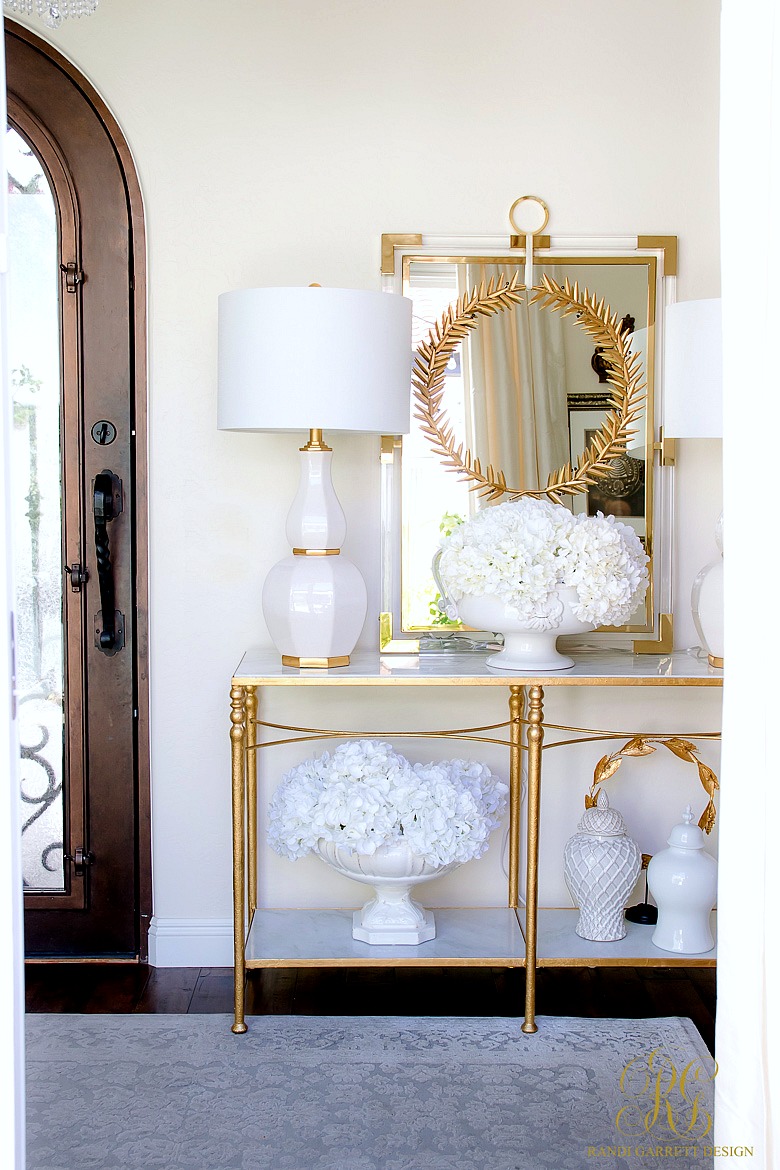 white and gold fall decor - entry table styled for fall