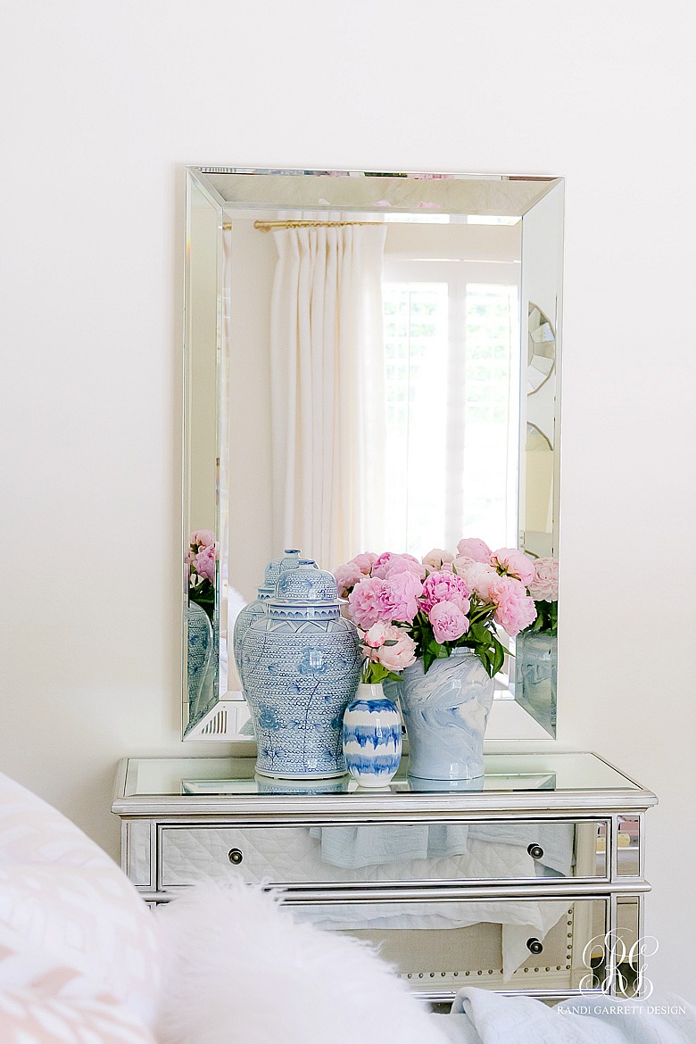 Pink + Blue Summer Bedroom  - 3 simple steps for the perfect summer bedroom - pink peonies in ginger jars