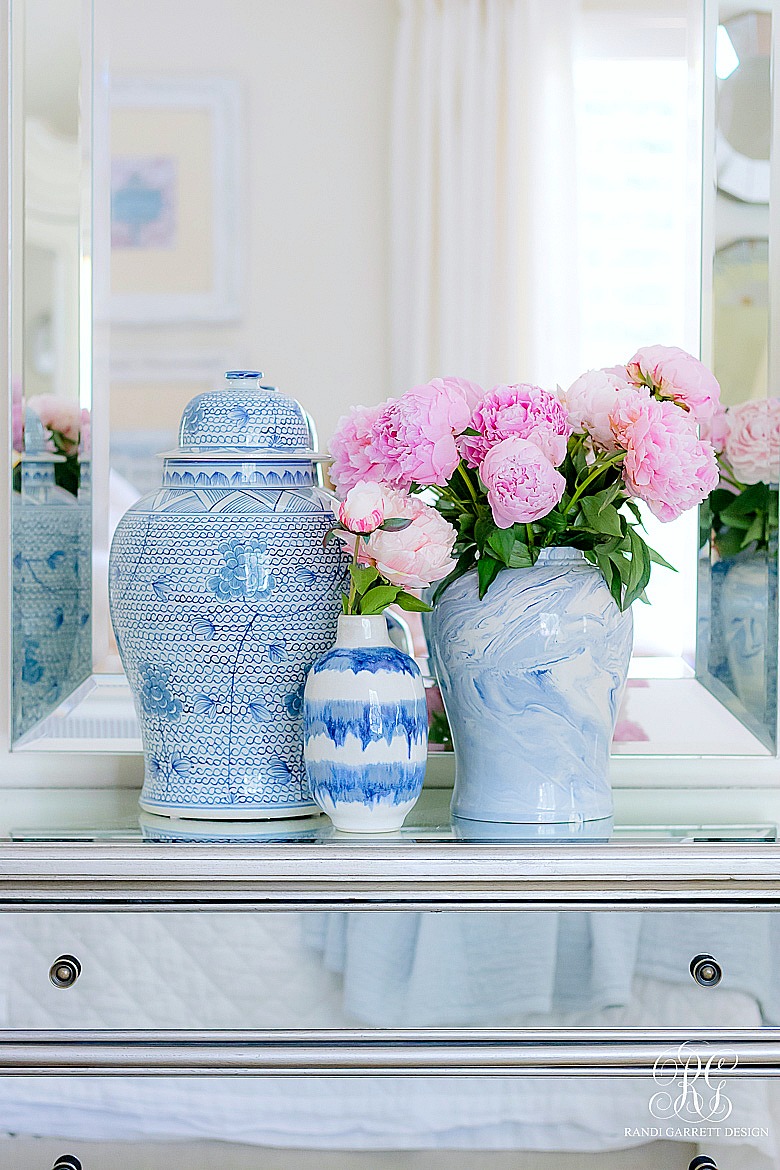 pink peonies in ginger jars