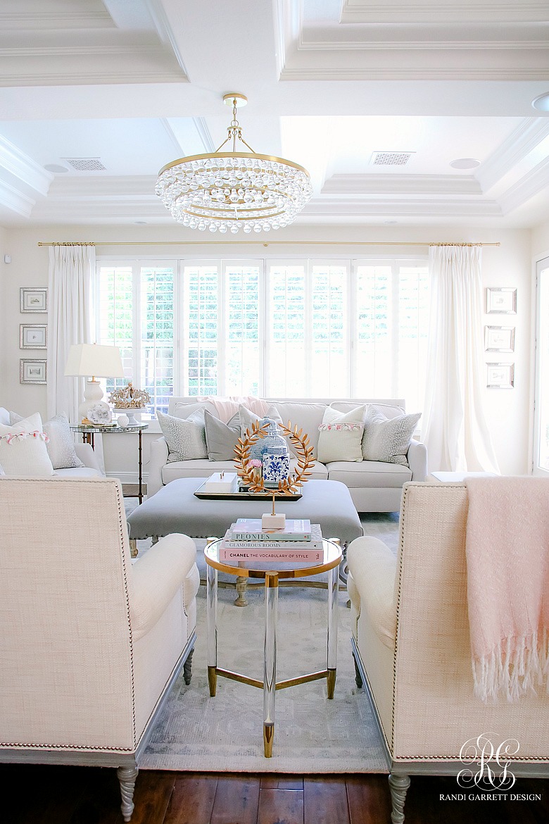 brass crystal chandelier - glam family room - summer home tour