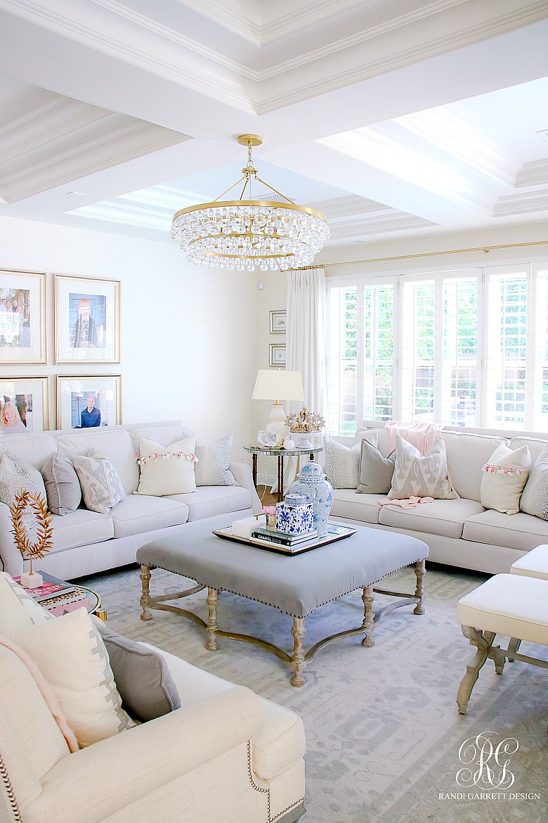 transitional family room styled for summer