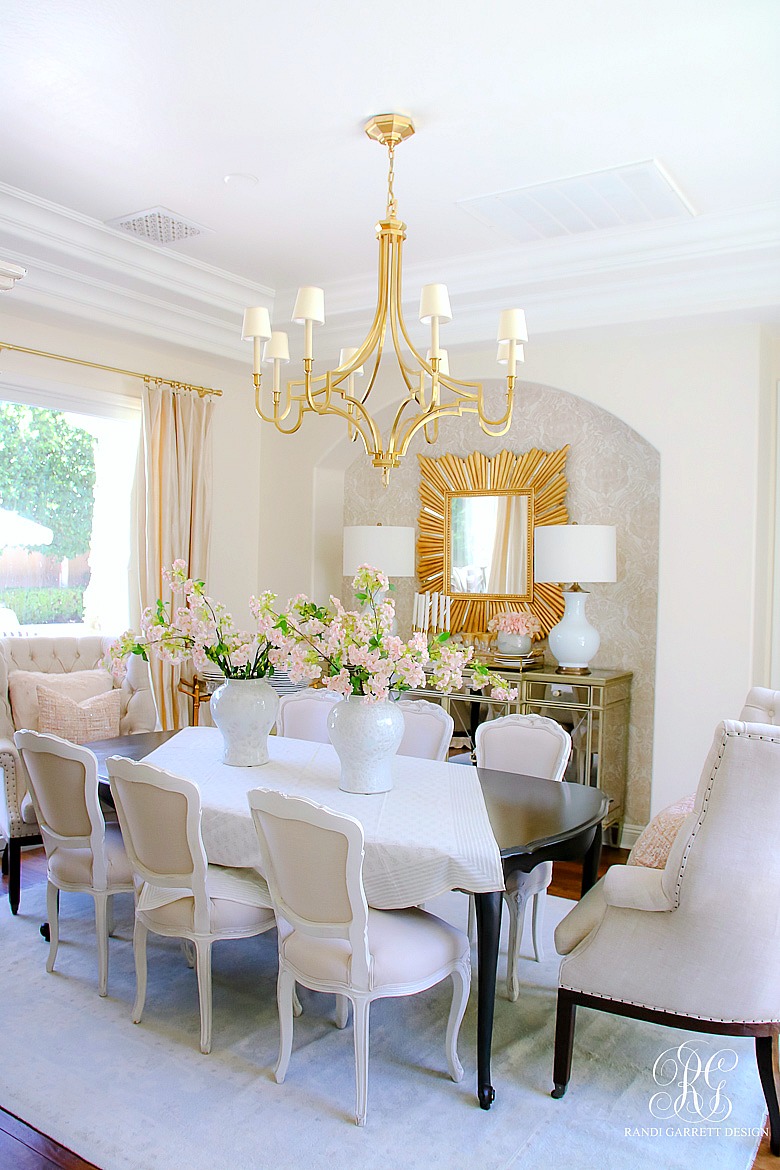pink gold glam dining room styled for summer