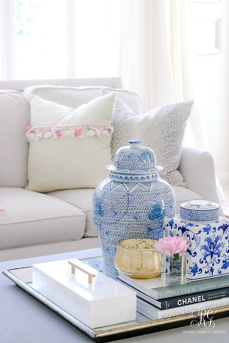 Floral blue and white ginger jar - summer coffee table styling tips
