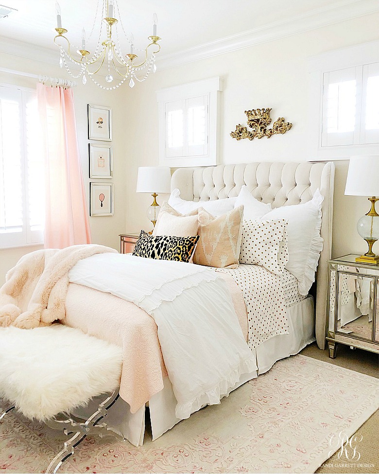 glam teen bedroom - pink gold room - fur bench 