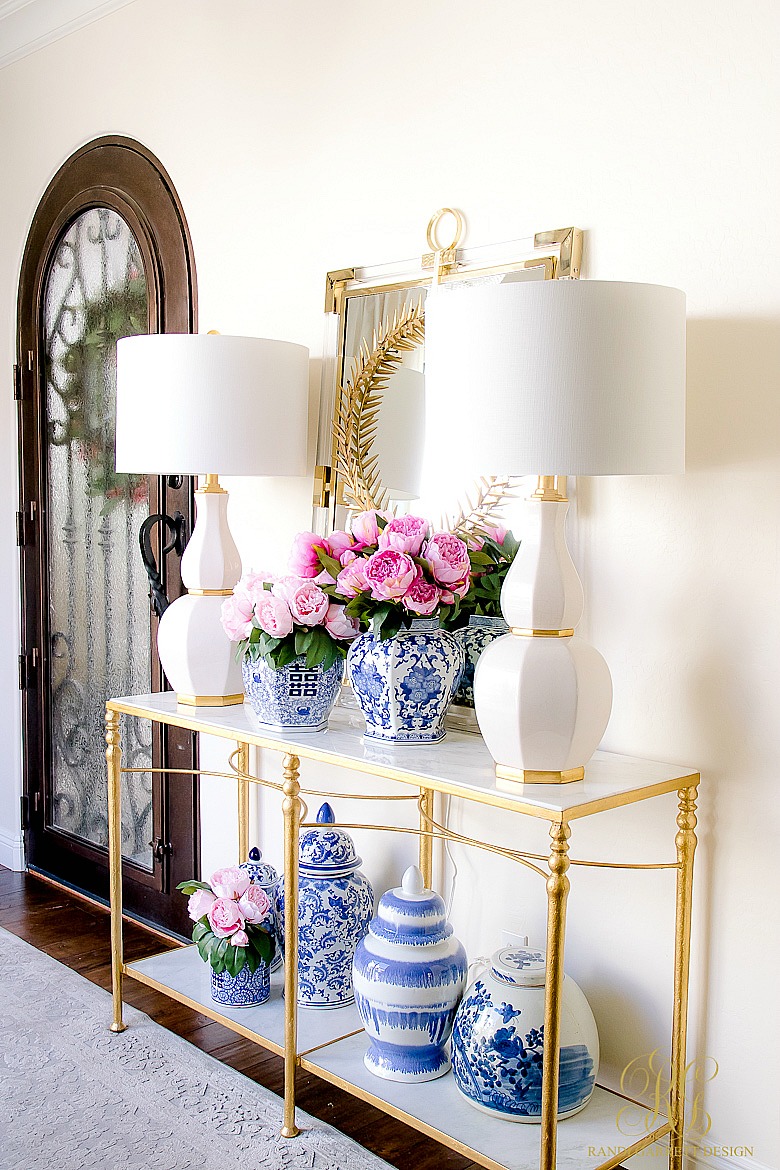 blue and white ginger jars - faux peonies - glam entryway -how to Decorate with a Limited Budget