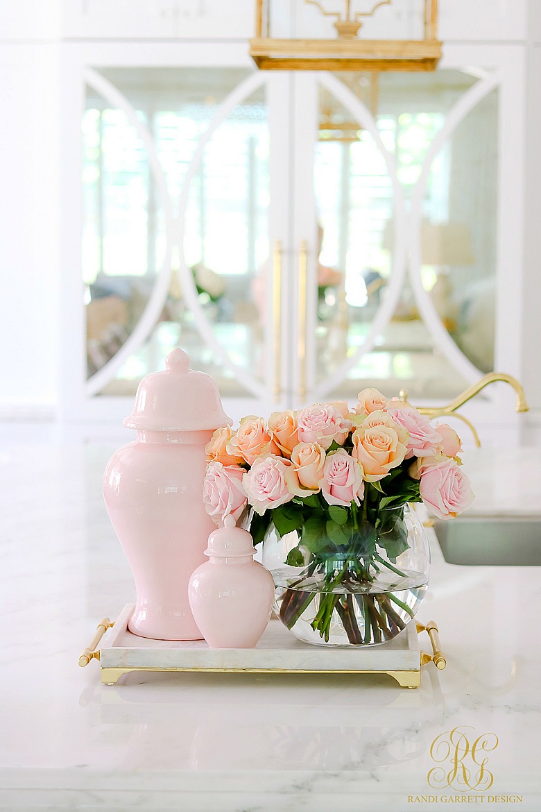 pink ginger jars - gold marble tray - fall roses