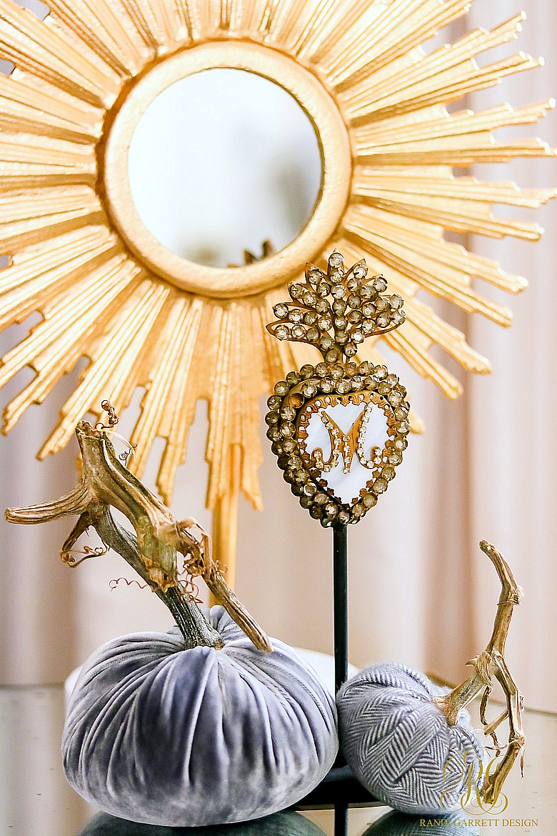 gray - velvet - pumpkins - gold - sunburst mirror - sacred heart stand