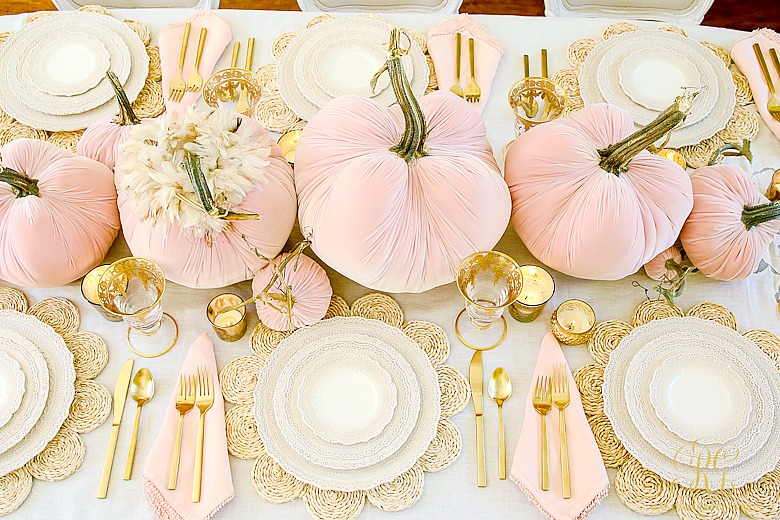 pink gold pumpkin table - blush velvet pumpkins - fall table