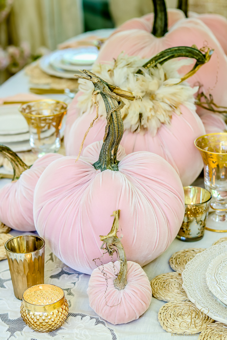Pink Pumpkin Fall Tablescape - pink velvet table