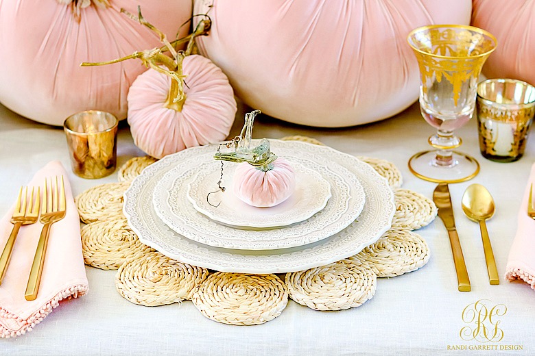 pink fall table - blush velvet pumpkins - fall place setting