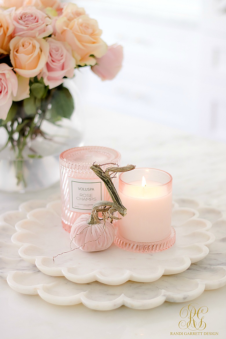 blush velvet pumpkin - marble tray - pink candles 
