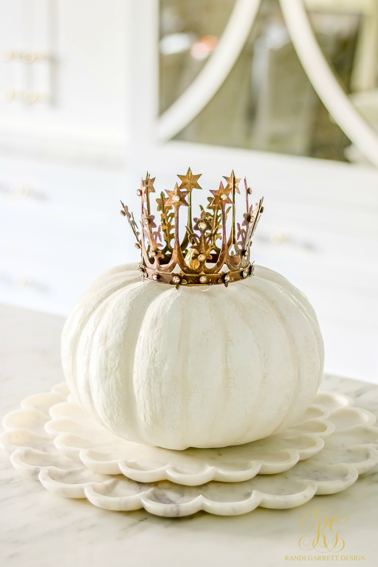 Glam Halloween Decor Ideas that can Transition into Fall - white pumpkin with crown