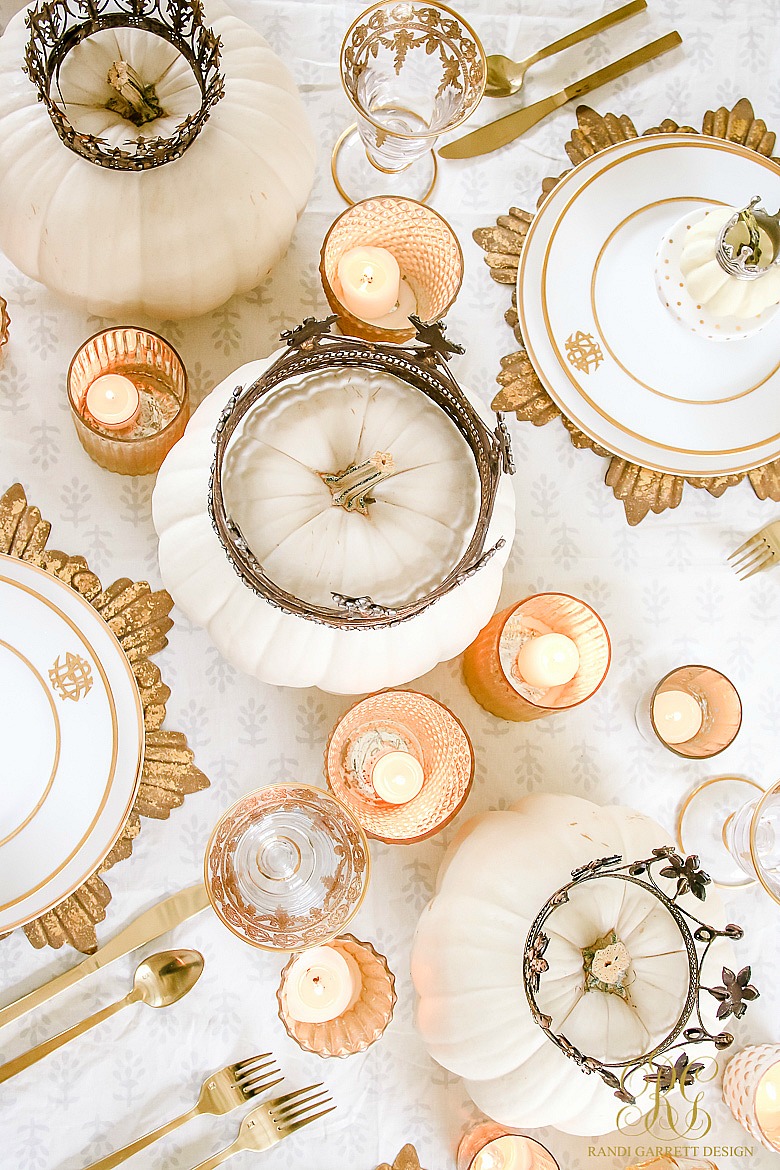 elegant white gold fall table - white pumpkins with crowns