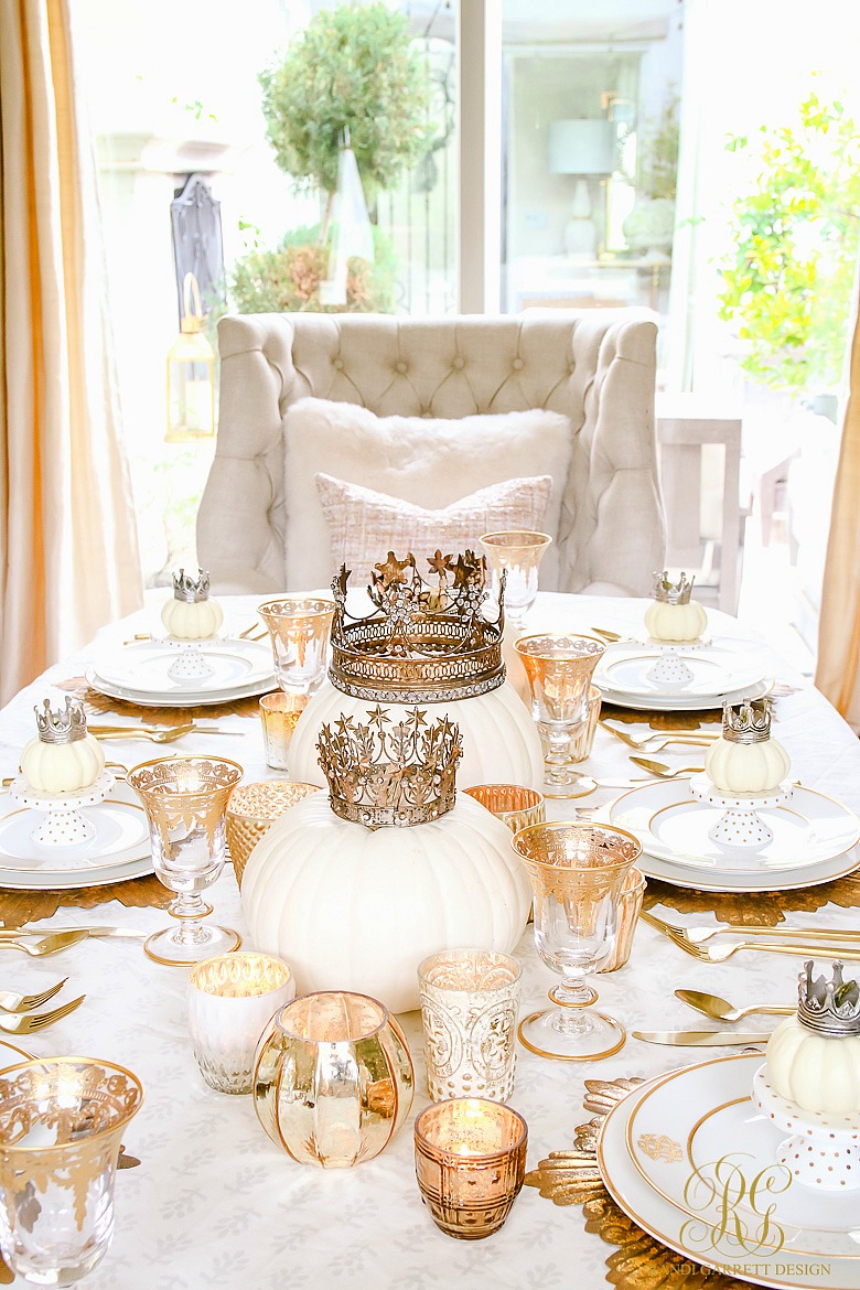 Glam Halloween Tablescape - Queen of Halloween - fall table with white pumpkins
