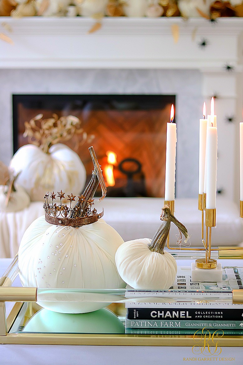 Glam Halloween Mantel - Queen of Halloween - gold lucite tray - gold candelabra