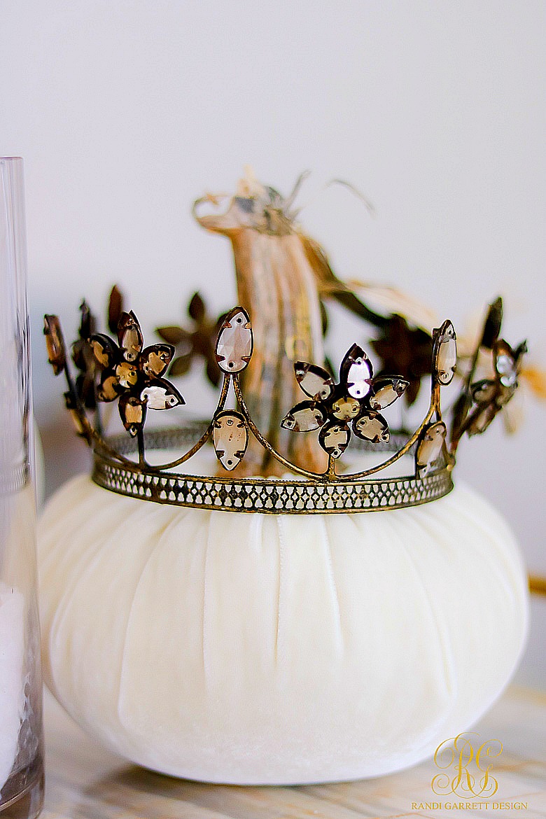 velvet pumpkin with crystal crown - glam halloween decor