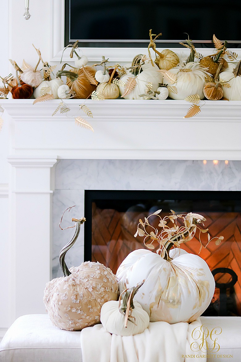 Glam Halloween Mantel - Queen of Halloween - velvet pumpkins - white fireplace mantel