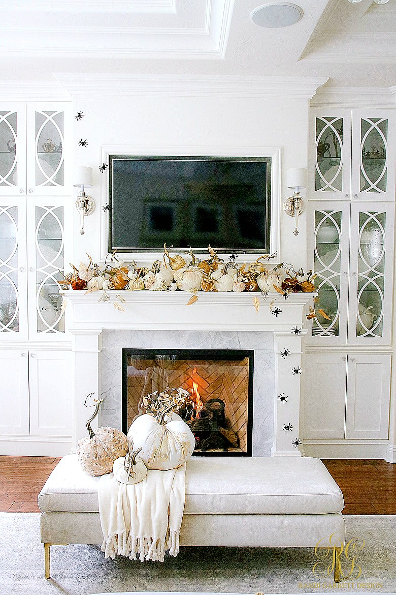 Glam Halloween Mantel - Queen of Halloween - white fireplace mantel - custom glass cabinets