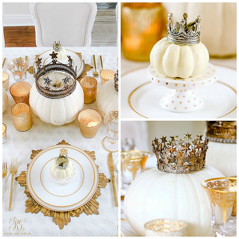 Glam Halloween Tablescape - Queen of Halloween -white pumpkins with crowns