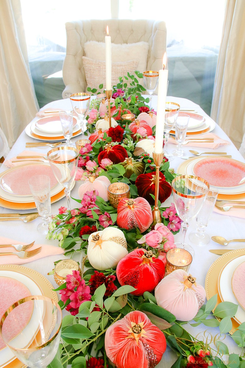 beautiful table ideas - velvet pomegranate table - pink gold dining room