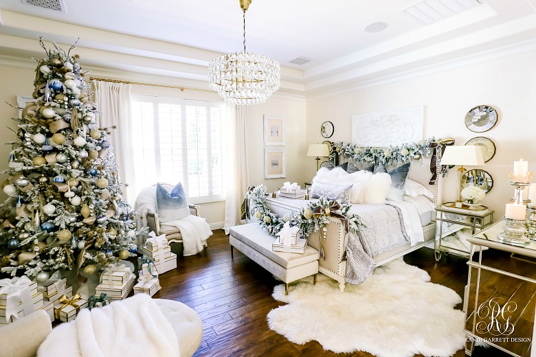 An elegant Christmas bedroom - flocked Christmas tree - glam Christmas bedroom