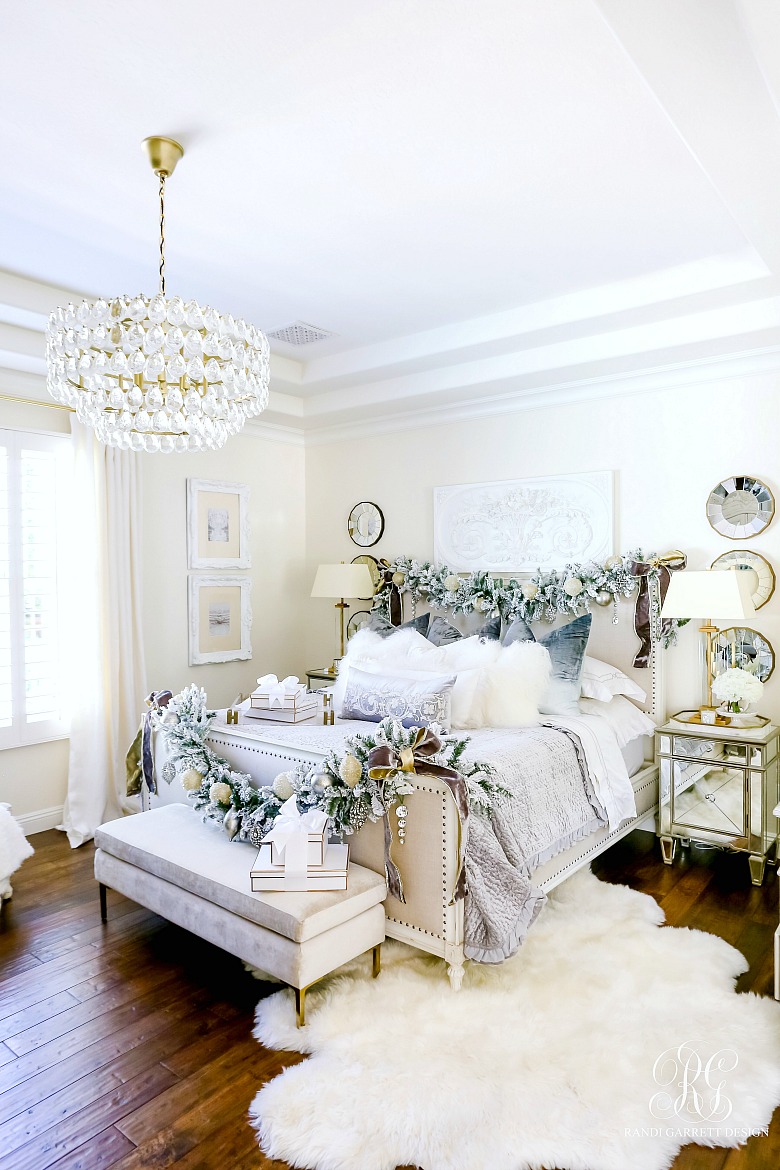 Elegant Christmas Bedroom - bed with flocked Christmas garland - tips to style bedroom for Christmas 