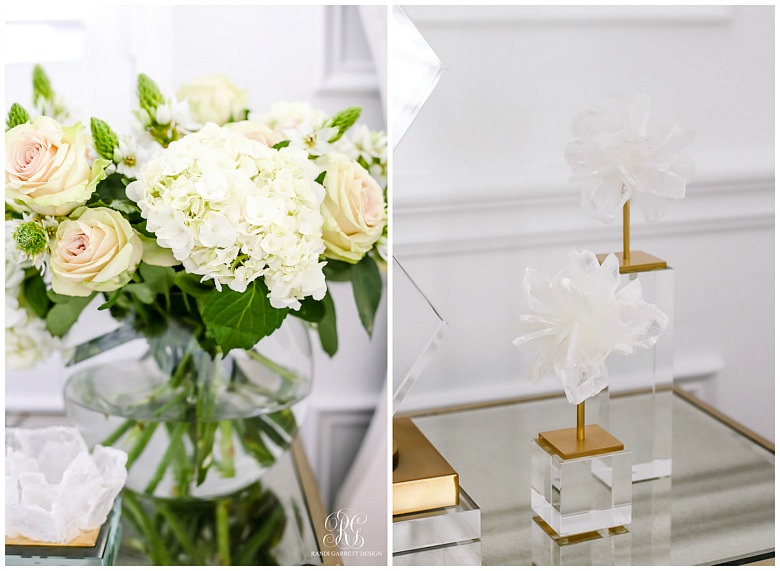 rose and hydrangea floral arrangement with selenite blossoms stands