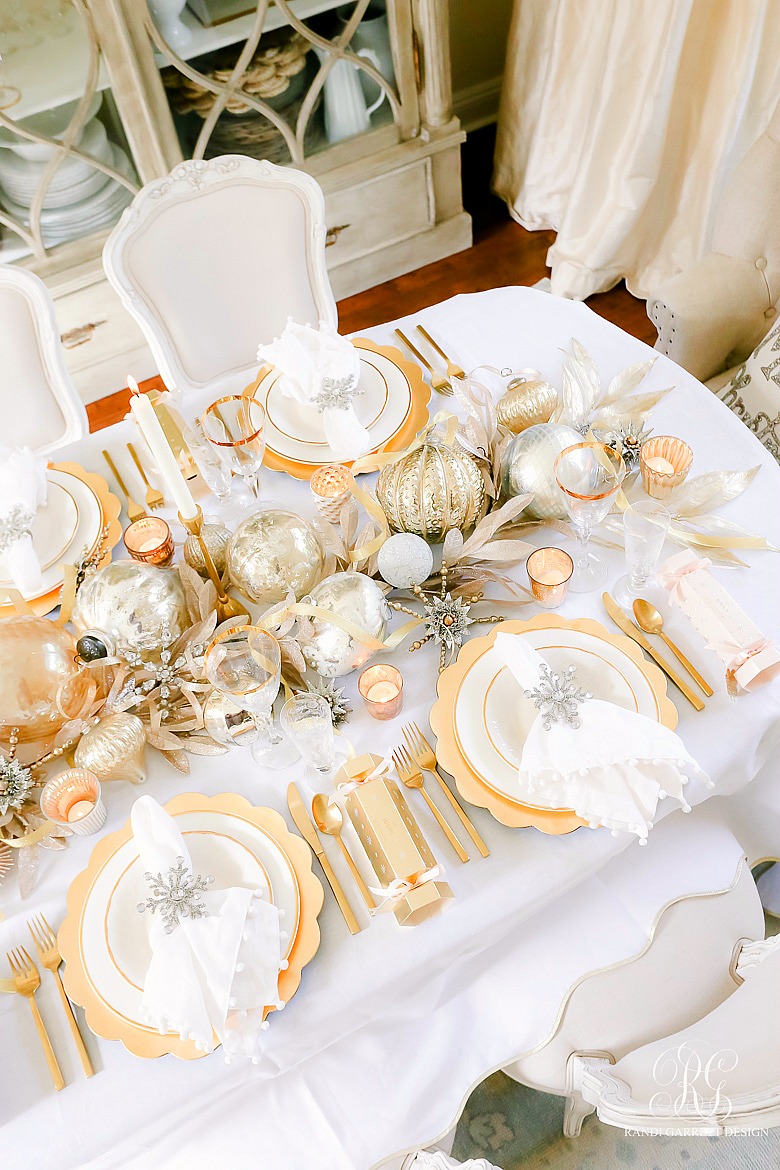 3 Tips to Set a Magical Silver and Gold Christmas Table - ornaments centerpiece 